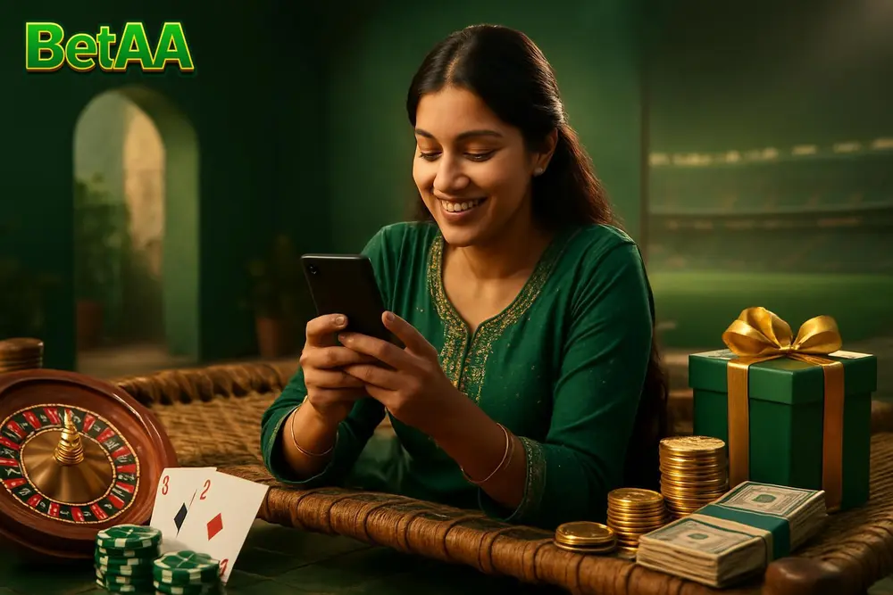 BetAA App — a Pakistani woman relaxing on a charpai in a courtyard tapping on her phone with a satisfied smile