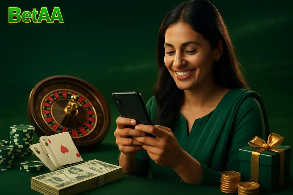 BetAA Deposit — a Pakistani woman smiling as she completes a transaction on her phone with banknotes placed on a