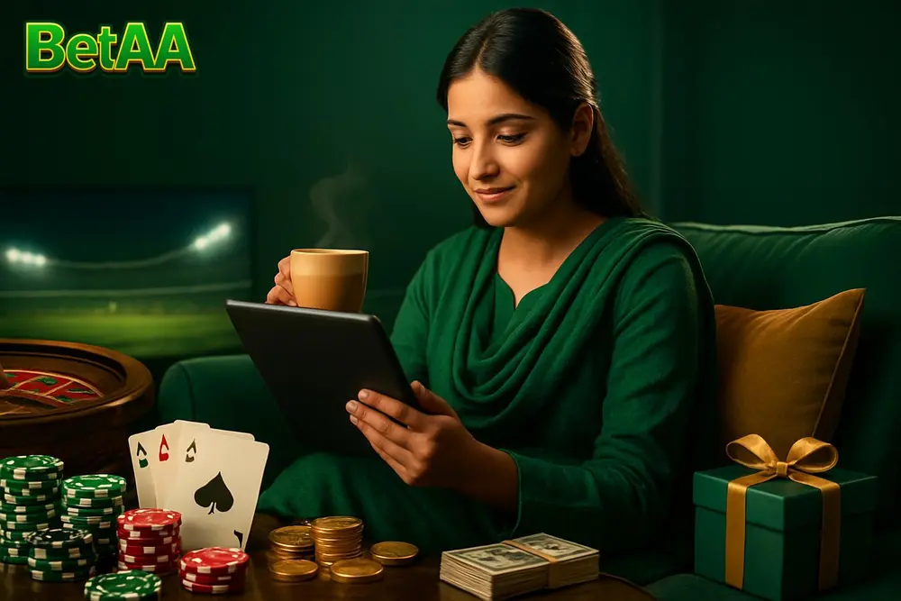 BetAA Pakistan โ a Pakistani woman sitting comfortably at home browsing a tablet with a warm cup of chai and BetAA Pakistan โ a Pakistani woman sitting comfortably at home browsing a tablet with a warm cup of chai and