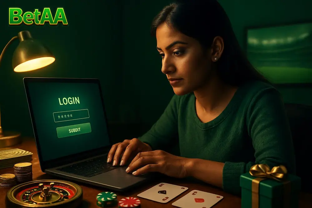 BetAA Login — a young Pakistani woman entering her password on a laptop late at night at a study desk with a lamp