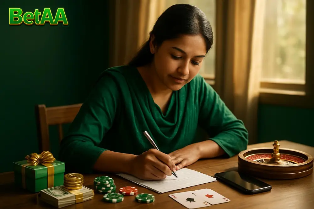BetAA Register — a Pakistani woman at a wooden desk writing details on paper next to her phone while sunlight